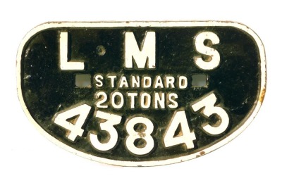 An LMS Standard 20 tons wagon plate, No 43843, on black with cream bordering, 29cm wide.