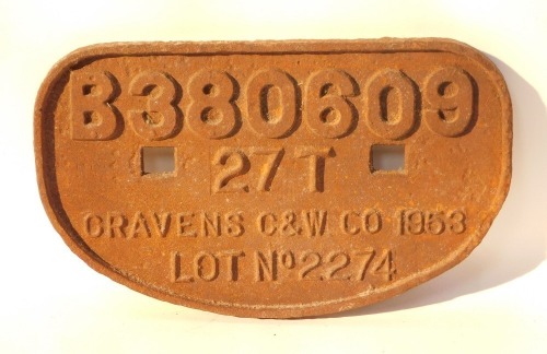 A Craven's C & W Company railway wagon plate, dated 1953, 27 tonne, No B380609, 27cm wide.