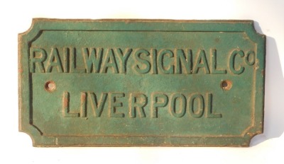 A Railway Signal Co Liverpool cast railway sign, 38cm wide.