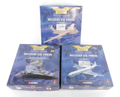 Corgi diecast The Aviation Archive Military Air Power, 1:144 scale, comprising HP Victor K2 Tanker, Avro Vulcan B2 XM607, RAF 44 Sqdn 'Operation Black Buck', and a De Havilland Comet C4 RAF Transport Command. (3)