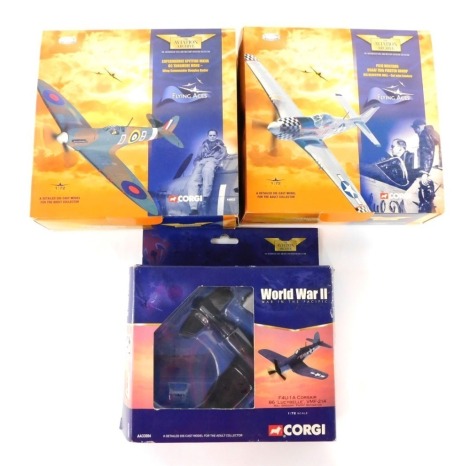 Corgi diecast The Aviation Archive Flying Aces and World War II Aircraft, scale 1:72, comprising Supermarine Spitfire MkIIA DC Tangmere Wing-Wing Commander Douglas Bader, P51-D Mustang USAAF 78th Fighter Group - Big Beautiful Doll, and F4U-1A Corsair 86 '