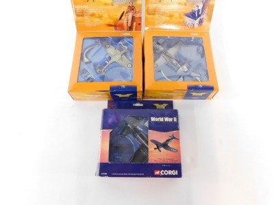 Corgi diecast The Aviation Archive Flying Aces and World War II Aircraft, scale 1:72, comprising Supermarine Spitfire MkIIA DC Tangmere Wing-Wing Commander Douglas Bader, P51-D Mustang USAAF 78th Fighter Group - Big Beautiful Doll, and F4U-1A Corsair 86 ' - 2
