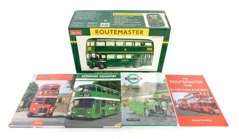 A Sun-Star diecast Greenline Routemaster bus, scale 1:24, limited edition, green, boxed, and four books relating to Routemaster buses. (5) Auctioneer announce - the certificate is not present.