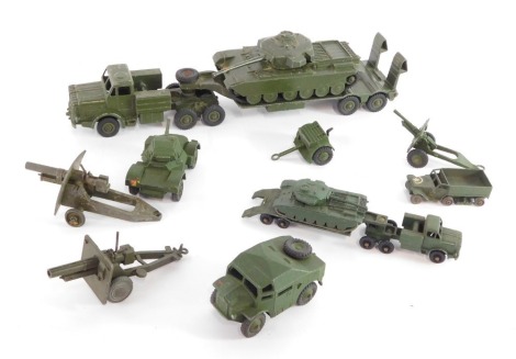 Lesney and Dinky diecast military vehicles, including Centurian Tank and trailer, Field Artillery tractor, armoured car, etc. (1 tray)