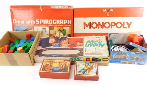 Vintage toys and games, to include a Denys Fisher Spirograph, Monopoly, Rubik's Cube, 3D Viewmaster, wooden blocks, etc. (a quantity)