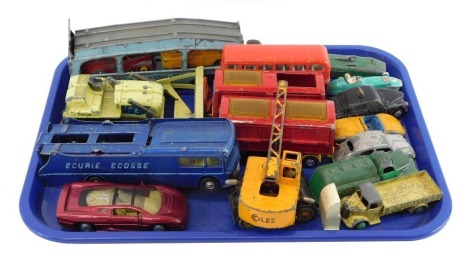 Die cast vehicles, play worn, to include Ecurie Ecosse car transporter, Corgi Major Toys Euclid TC-12 tractor, Dinky Toys car transporter, Dinky Super Toys Coles Mobile Crane, etc. (1 tray)