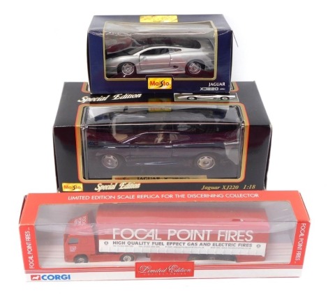 Maisto and Corgi die cast vehicles, comprising two Jaguar XJ220, different scales and colour ways, and a Volvo curtainsider for Focal Point Fires, boxed. (3)