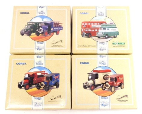 Corgi Class Commercials die cast limited edition sets, comprising Terrys of York Thorneycroft van and Model T van, Ian Allen Publishing Set, The Bass Model T van and Thorneycroft, and The Ruddles Set Bedford D Series and Thorneycroft Beer truck. (4)