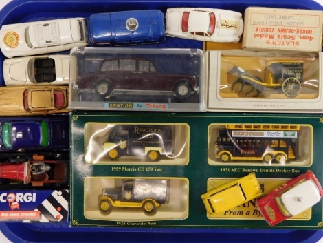 Corgi and other die cast vehicles, including James Bond Austin Martin DB5, The Saints Volvo P1800, a 0.75 ton chassis County Police van, a Ringtons Transport From A Bygone Era box set, etc., some boxed (1 tray)