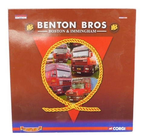 A Corgi Hauliers of Reknown Benton Brothers of Boston and Immingham set, containing Scania Topline, DAF XF superspace cab, a skeletal trailer, container and limited edition certificate, boxed.