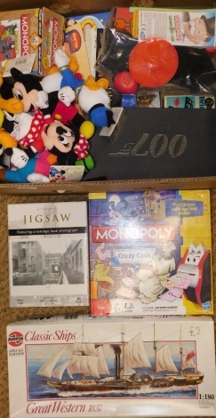 Soft toys and games, including Monopoly Crazy Cash, Disney plush toys, Monopoly Free Parking, Monopoly Get Out Of Jail, etc. (1 box)