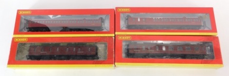 Hornby OO gauge coaches, comprising R4678 BR (X-LMS), non corridor, 3rd class brake coach, M20769M, R4236B BR (X-LMS) corridor brake 3rd class coach, M5629M, R4237 BR (X-LMS) full brake coach, M31004m and R4659 BR X-LMS non corridor 3rd class coach, M1170