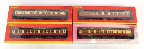 Hornby OO gauge coaches, comprising R4405 BR Hawksworth third class W782W, R4406 BR Hawksworth brake third class, W1773W, R4407 BR Hawksworth BR composite class W7821W, and R4408 BR Hawksworth composite brake W7839W, boxed. (4)