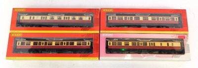 Hornby OO gauge coaches, comprising R4405 BR Hawksworth third class W782W, R4406 BR Hawksworth brake third class, W1773W, R4407 BR Hawksworth BR composite class W7821W, and R4408 BR Hawksworth composite brake W7839W, boxed. (4)