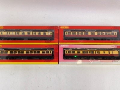 Hornby OO gauge coaches, comprising R4405 BR Hawksworth third class W782W, R4406 BR Hawksworth brake third class, W1773W, R4407 BR Hawksworth BR composite class W7821W, and R4408 BR Hawksworth composite brake W7839W, boxed. (4) - 2