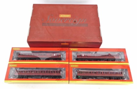 A Hornby OO gauge Sovereign coach pack, BR middle and suburban, comprising R4689 BR (xLMS) non corridor composite coach M16574M, R4691A BR (xLMS) non corridor 3rd class brake coach M20788M, 4690 BR (xLMS), non corridor 3rd class coach M11912M and R4691 BR