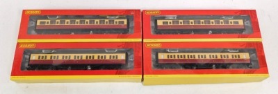 Hornby OO gauge coaches, including R4344C BR Maunsell corridor 1st class coach, S7232S, R4343B BR 3rd class coach S838S, and R4345C BR Maunsell composite coach S5676S, boxed. (4)