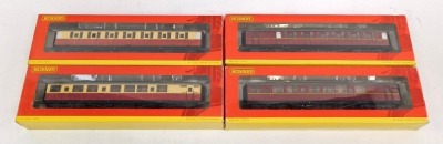 Hornby OO gauge coaches, comprising R4178 BR 61ft 6 inch corridor brake coach, E10092E, R4179 BR 61ft 6 inch corridor first class coach E11018E, 4260A BR 61ft 6 inch corridor brake coach, E10101E and R4260B BR 61ft 6 inch corridor brake coach E10080E, box