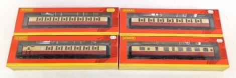 Hornby OO gauge coaches, comprising R4178 BR 61ft 6 inch corridor brake coach E10092E, R4179 BR 61ft 6 inch corridor 1st class coach E11018E, 4180 BR 61ft 6 inch corridor 3rd class coach E12506E and R4181 BR 61ft 6 inch buffet car E9133E, boxed. (4)