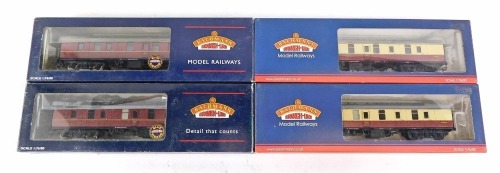 Bachmann Branchline OO gauge coaches, including 239-177D BR mark I BG coaches full brake crimson and cream, 39-176A BR mark I full brake BG maroon E90798 and 39-176B BR mark I full brake BG maroon, boxed. (4)