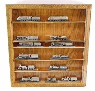 Royal Hampshire pewter models of locomotives, including a GNR Atlantic class locomotive, Stephenson's rocket, Duchess of Hamilton, Mallard, etc, in a collectors case. (13) - 2