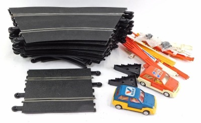 Scaletrix slot car track, two Mini Metro's, barriers, etc. (1 box)