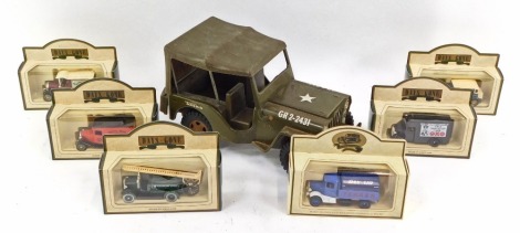 A Tonka US Army Willie's jeep and Days Gone die cast vehicles, including a Royal Mail van, OXO City Suburban Carriers Limited, a tanker, etc. (1 box)