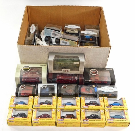 Gilbo EFE, Classics by Pocket Bond and Oxford 1:76 railway scale diecast vehicles, including Oxford London Fire AEC Regent 3, Fordson tractor blue, Austin FX3 London Taxi in black, etc. (1 box)