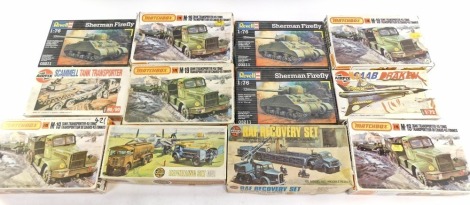 Revell Matchbox and Airfix 1:76 scale model construction kits, including a Revell Sherman Firefly, Matchbox B19 tank transporter, Airfix scamel tank transporter, etc., boxed. (1 box)