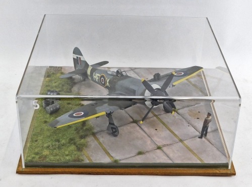 A 1:32 scale diorama of a Hawker Tempus Fighter Mark 5 fighter plane, in a perspex case.