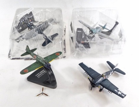 Four Pacific Theatre War Hawks, including a Mitsubishi A6M30, 1945 Grumman F6F-3 Hellcat, 1942 Grumman F4F-4 Wildcat. (4)