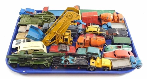 Dinky, Corgi and Matchbox diecast vehicles, play worn, including Corgi batmobile, James Bond Aston Martin DB5, Dinky Toys 155mm mobile gun, Dinky Super Toys Foden truck, etc. (1 tray)