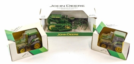 SpecCast and Ertl 1:16 scale die cast tractors, comprising a John Deere Lindum Crawler with cultivator, John Deere utility tractor, and another, boxed. (3)