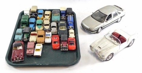 Solido, Burago & other diecast vehicles, including a Corgi Jaguar XK120, Burago Lancia Aurelia, B24 Spider, Renault Safrain, Aston Martin Vantage, Armstrong Sidley Sapphire, etc. (1 tray)