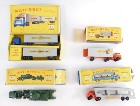 Matchbox by Lesney diecast vehicles, comprising Major M-9 pack, Inter State Double Freighter, M2 articulated Davies tyre truck, M3 tank transporter and Centurion Mark 3 tank, and A2 accessory pack, articulated Car Collection Ltd four car transporter, boxe