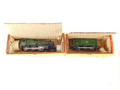 Tri-ang TT gauge locomotives and rolling stock, including 0-6-0 diesel shunter, 4-6-0 Castle class locomotive 'Windsor Lad', low sided wagon, goods van, milk tank wagon, WK mainline brake second coach, etc. (1 tray) - 3