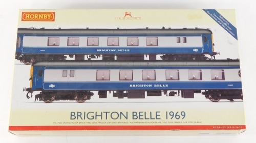 Hornby OO gauge Brighton Belle 1969 Pullman driving brake motor class parlour car, S293S, powered and Pullman driving motor brake, parlour car, S92S dummy car, R2988, boxed.