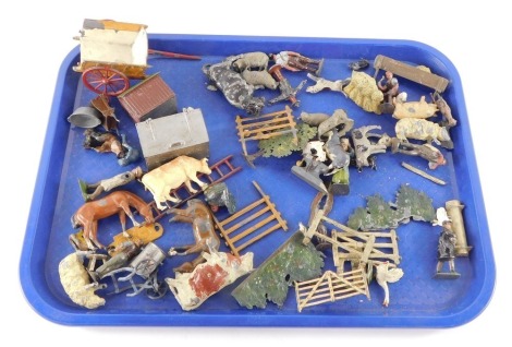 Britains diecast farm animals and accessories, including pigs, cows, sheep, fences, corn bin, etc. (1 tray)