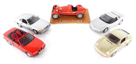 Burago and other die cast cars, 1:18 scale, comprising Alfa Romeo 8c2300M (1931), Chevrolet Corvette CS, Porsche Carrera 911, Revell Mercedes Benz 500SL, and BMW 325i Convertible. (5)