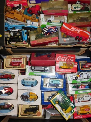 Corgi Matchbox and Lledo die cast vehicles, to include 1929 Thorneycroft van Puritan Soap (932), 1922 Foden steam wagon Joseph Rank Ltd (Y27), Corgi Juniors car transporter, Matchbox 1910 ambulance (Y25), etc, (2 boxes)