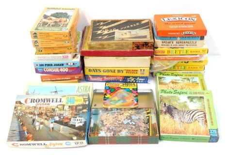 Vintage games and jigsaw puzzles, to include Waddingtons Lexicon, The Interlock Majestic Zig Zag puzzle, Tower Press Jigsaw of Chitty Chitty Bang Bang, etc. (2 boxes)