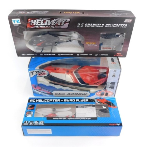 Radio controlled vehicles, comprising a Tyco RC Sea Arrow, RC Helicopter, and a Heliway RC Helicopter. (3)