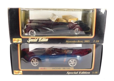 Maisto die cast cars, 1:18 scale, comprising Mercedes Benz 300S and a Jaguar XK180, boxed. (2)