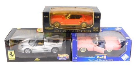 Die cast cars, 1:18 scale, comprising Hot Wheels 1995 Ferrari F50, Carmania Ford Mustang convertible 1964 and a Revell 1956 Ford Thunderbird. (3)