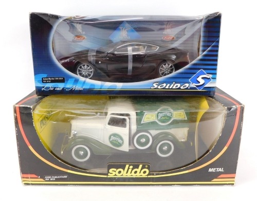 Solido die cast vehicles, 1:18 scale, an Aston Martin DB9 2004, and a Ford V8 1936 Pick-Up Ford Publicitaire ref 8010, in Perrier livery. (2)