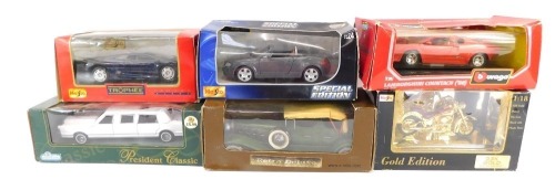 Maisto, Burago and other die cast vehicles, 1:18 scale, to include 1992 Jaguar XJ220, Lamborghini Countach, Harley Davidson 1986 FLST Heritage soft tail, etc. (6)