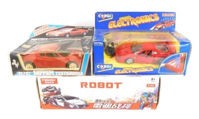 Radio controlled vehicles, comprising RC Ferrari Testarossa, radio controlled robot, and a Corgi Super Electronics Ferrari F40. (3)