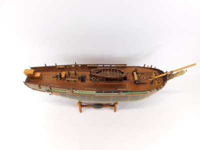 A scratch built model of the hull of HMS Bounty, with visible cross section, 70cm wide. - 2