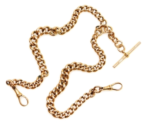 A 9ct gold kerb link Albert watch chain, with two lobster claw clasps, and T-bar as fitted, 63.3g.