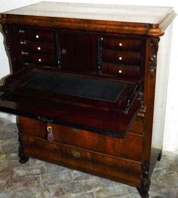 A 19thC French flame mahogany escritoire, the upper section with a fall revealing a fitted interior centred by a cupboard above cushion drawers, raised on feet, 118cm high, 104cm wide, 56cm deep. - 2